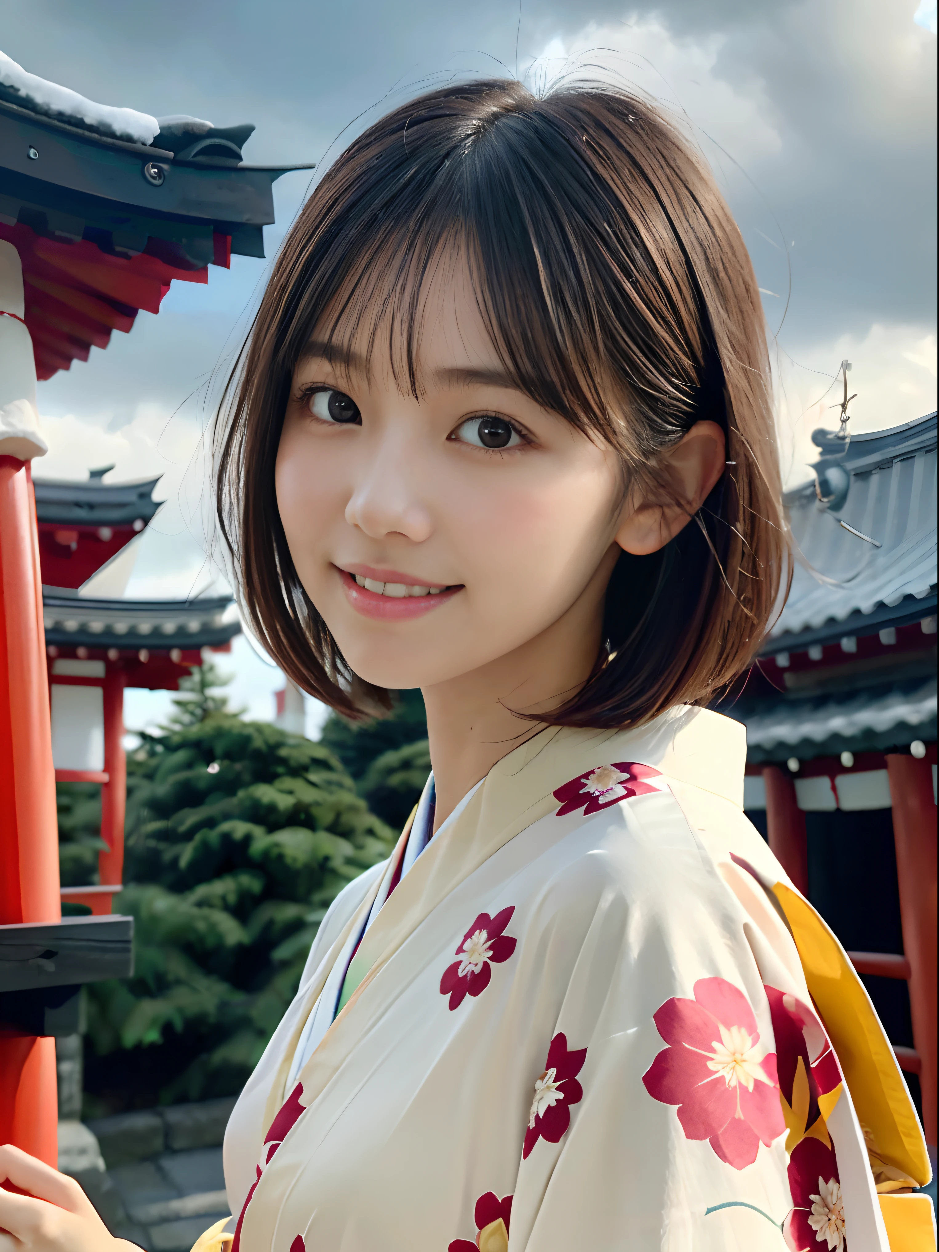 (女孩的特寫肖像，短髮，瀏海沉悶，穿著美麗的彩色和服:1.5)、(微笑參拜日本神社的女孩之一:1.3)、(日本的神社，擁有冬日的天空:1.5)、(完美的解剖結構:1.3)、(沒有口罩:1.3)、(完整的手指:1.3)、逼真的、攝影、桌上、頂級品質、高解析度, 清秀、臉完美、美麗細緻的眼睛、白皙的皮膚、真人肌膚、毛孔、((腿細))、(黑髮)