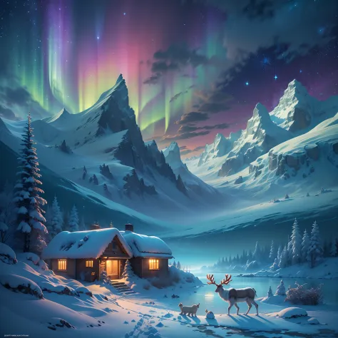 Best quality,A high resolution,(Masterpiece:1.2),Ultra-detailed,Northern Lights, Towering snow-capped mountains, cottage house c...