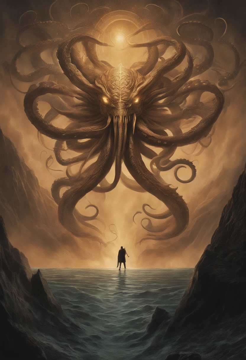 A painting of a giant octopus with a man standing in the water - SeaArt AI