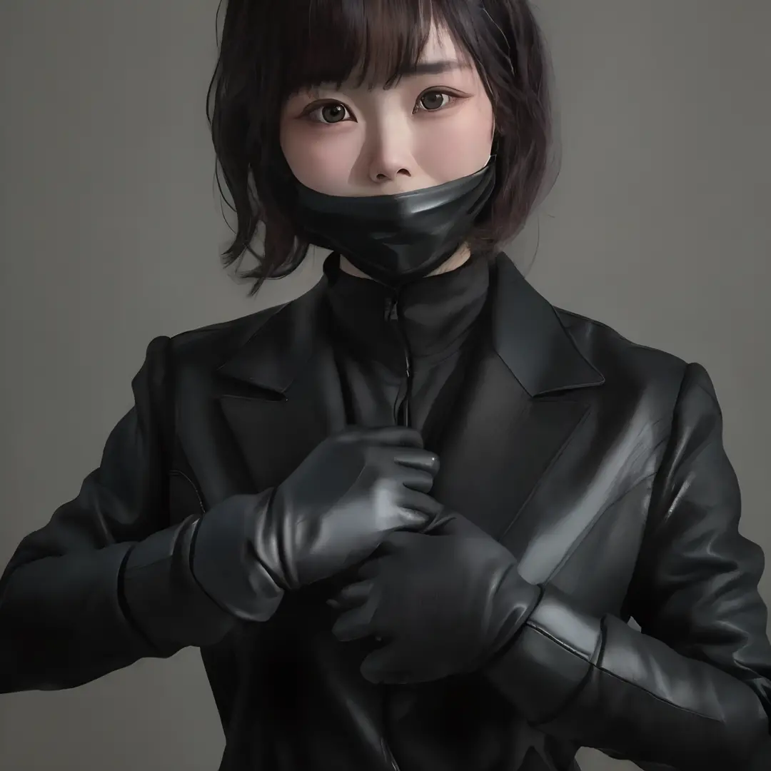 Young Japan woman lifting black suit onto shirt, Black leather gloves worn on both hands, Hands of woman in black suit and black...