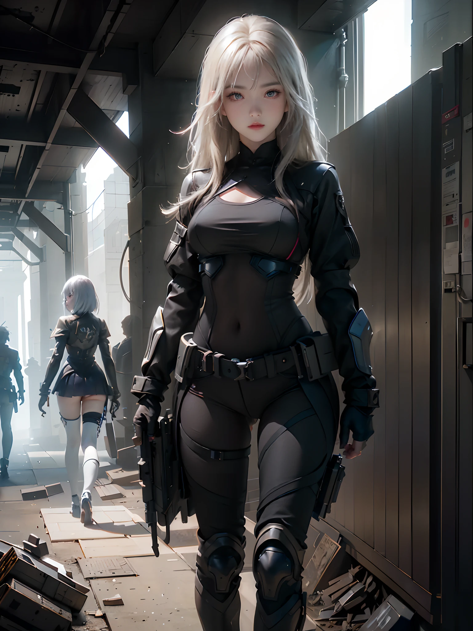 ((top-quality)), (((​masterpiece)), (detaileds: 1.4), 3D, Beautiful Cyberpunk Woman Image, bob cuts, Broken black tights, leather clothes, Electromechanical, nffsw(HighDynamicRange), Ray traching, NVIDIA RTX, Hyper-Resolution, Unreal 5, Sub-surface scattering, PBR Texture, Postprocess, Anisotropy Filtering, depth of fields, Maximum sharpness and acutance, Multilayer Texture, Albedo and Highlight Maps, Surface Coloring, Accurate simulation of light-material interactions, perfectly proportions、octane renderings、two tone lighting、Large aperture、Low ISO、White Balance、thirds rule、8K Raw、​masterpiece、top-quality、(8k extremely detailed CG unit wallpaper)(top-quality)、(The best illustrations)、(Best Shadows), innocent blue eyes, long hair, body swimsuit, poni hair