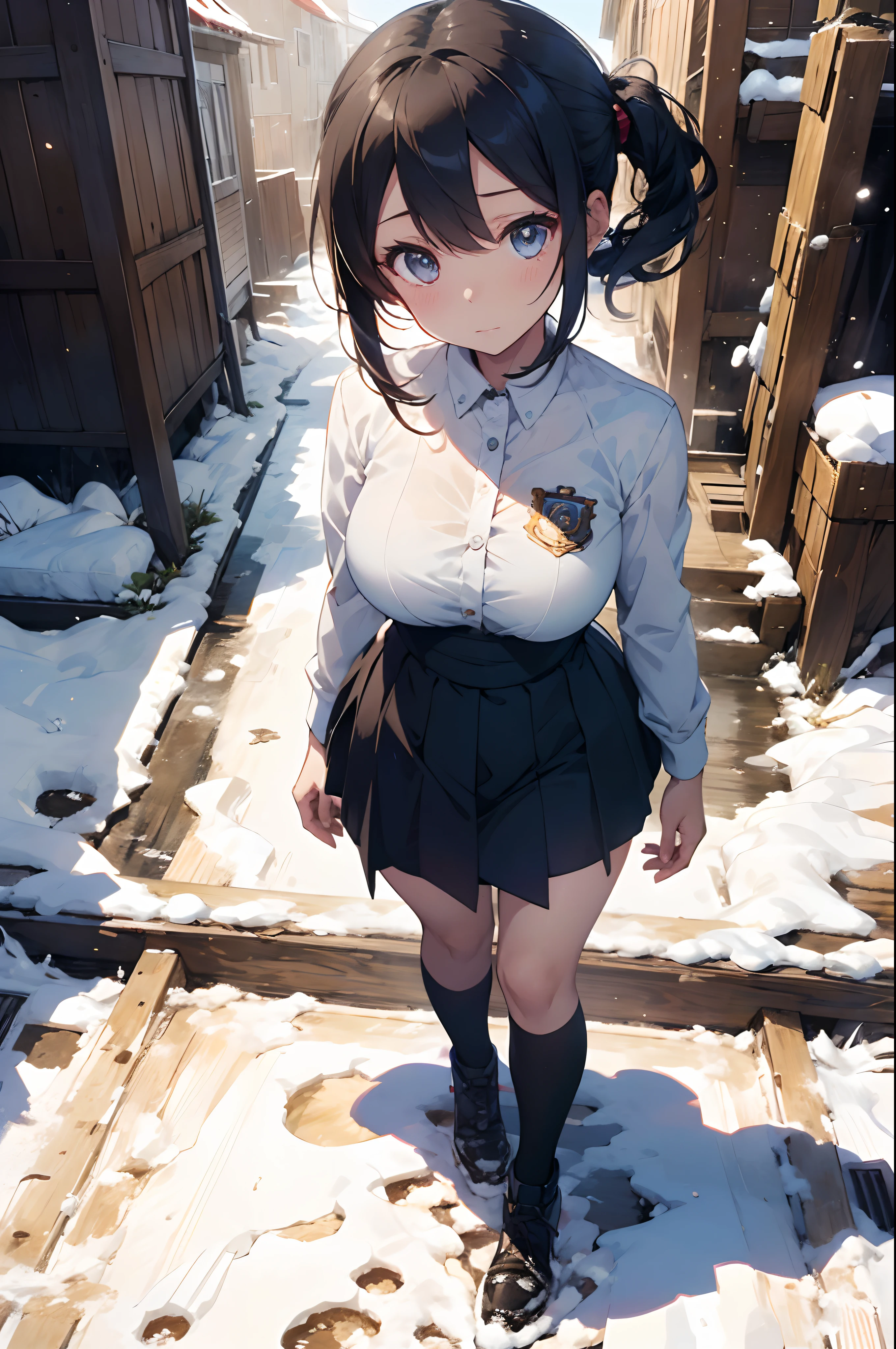 a woman that is standing in the snow, a character portrait, inspired by rossdraws, just one rainbow 8 k, close up of a young anime girl, bright uniform background, artgerm and lois van baarle