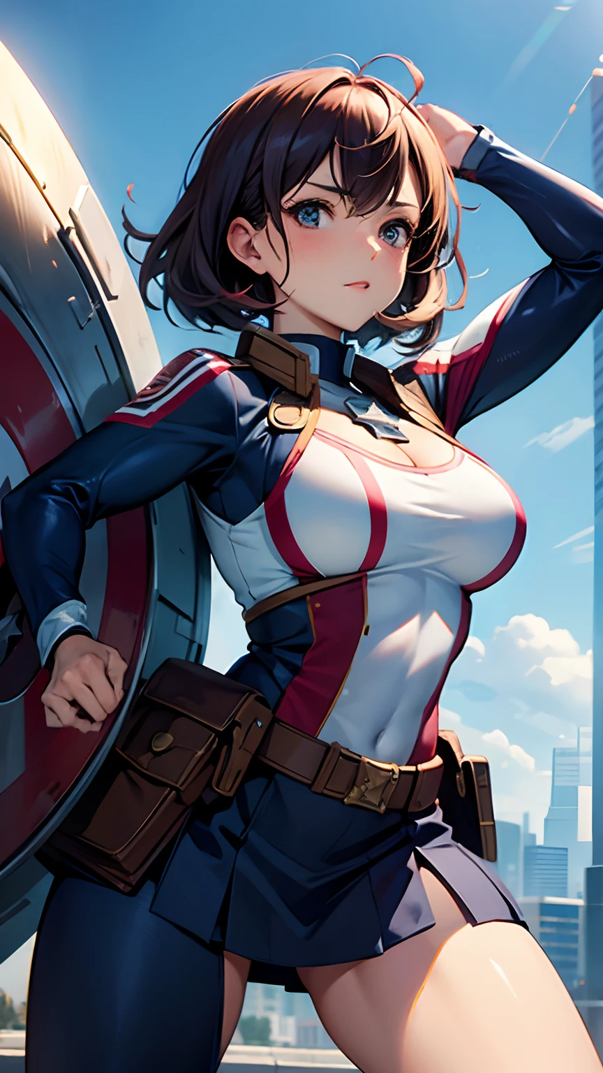 Женское тело с большой грудью、Платье-костюм капитана США,Активная поза,щит