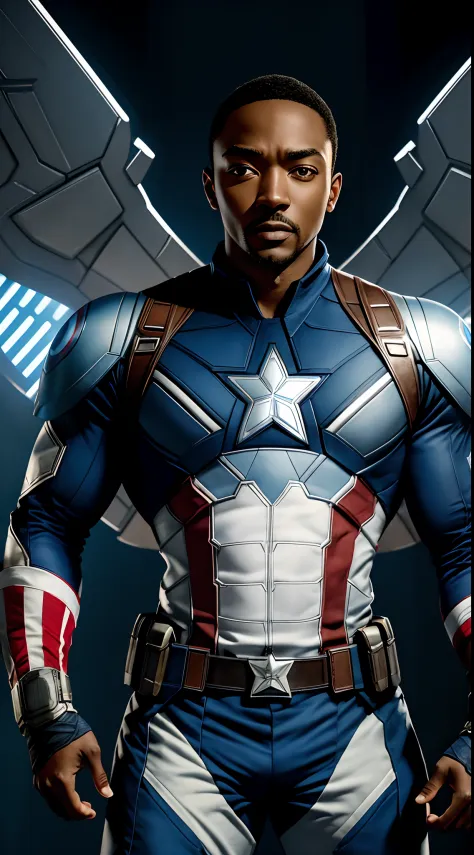 anthony mackie is Captain America wearing white and blue uniform with robot wings, super strong, muscular, ABS, Bodybuilder, 35mm lens, photography, ultra details, HDR, UHD,8K