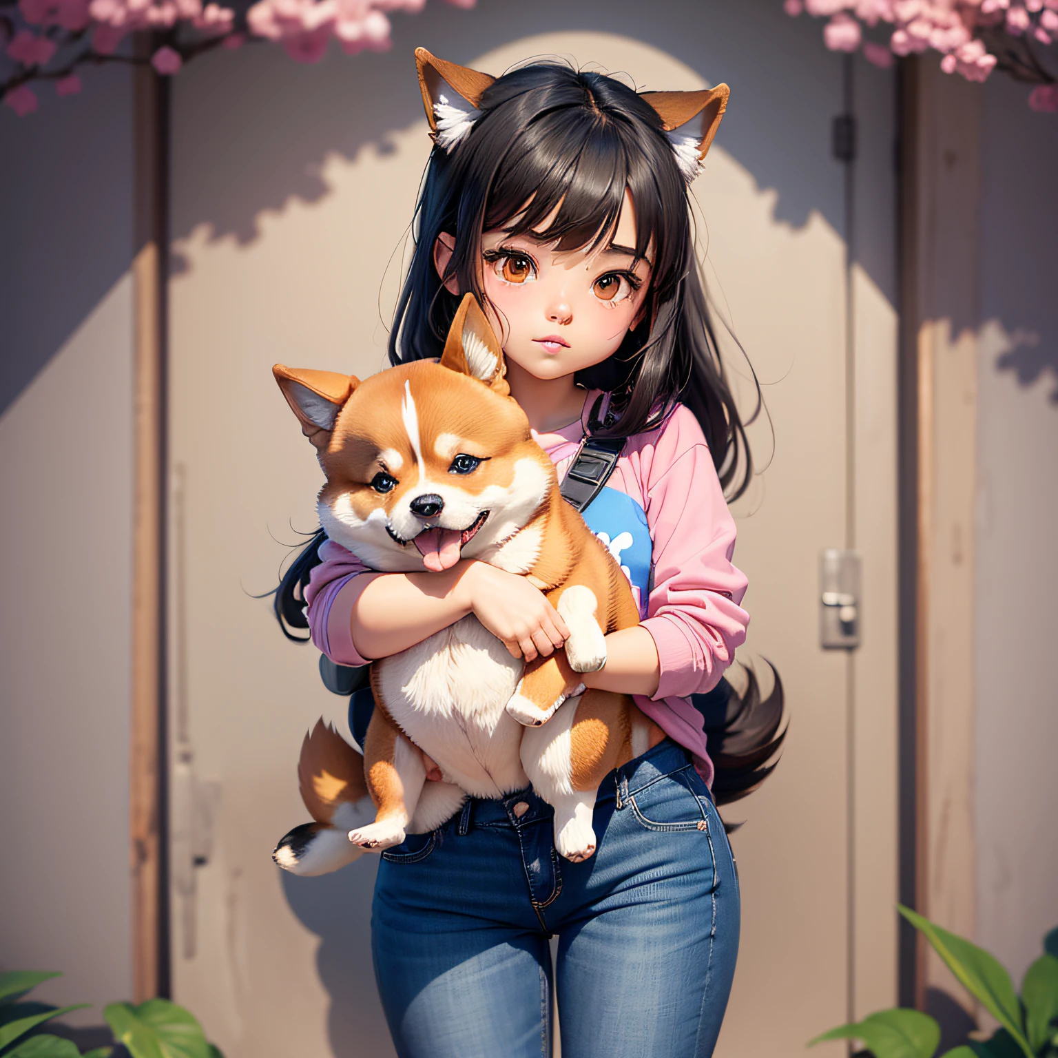 Anime cosplay girl holding a corgi dog in her arms - SeaArt AI