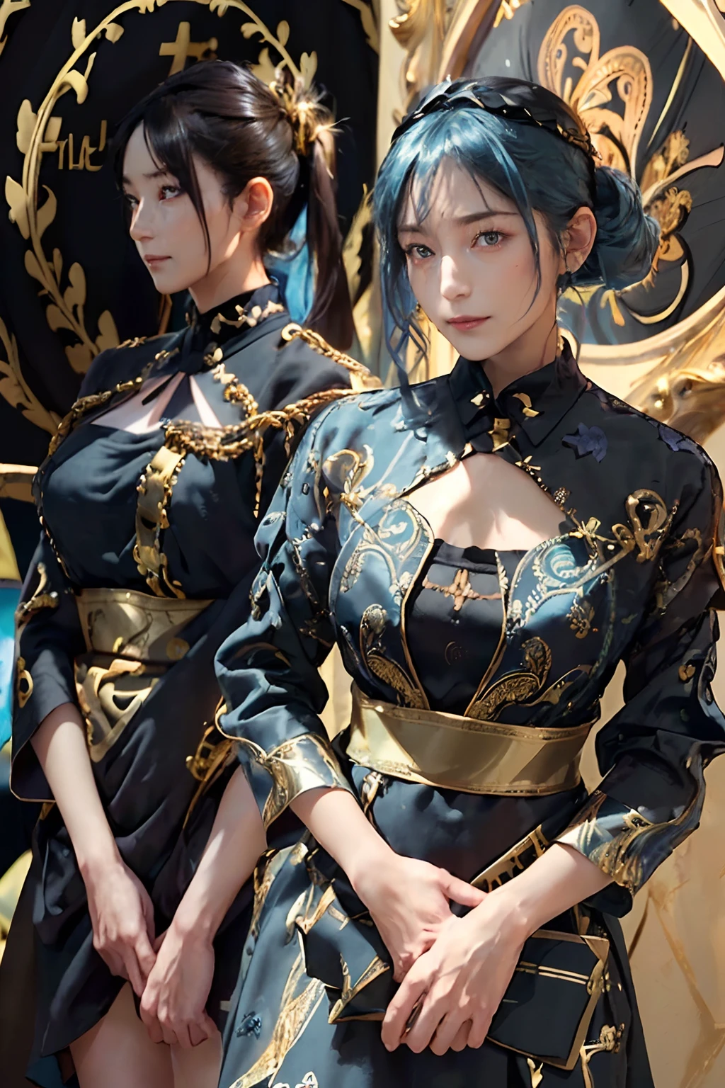 ((top-quality、8K、​masterpiece、Photorealistic、Fine-textured、Beautiful and detailed:1.4)), (Medium Hair, Beautiful hairstyle, lightbluehair:1.5)、(gold foil, Intricately drawn paisley pattern, Delicate workmanship, (Black Fabric:1.4), maid dress:1.5), Clear, Fine-grained skin、Beautiful clear eyes、cleavage of the breast、Carefree and natural smile、(Hair disheveled in the wind:1.3)、Beautiful girl with a smile、(thin-waist:1.3)、(Dynamic and provocative poses:1.2)、(Backshots)、(NSFW:1.4)