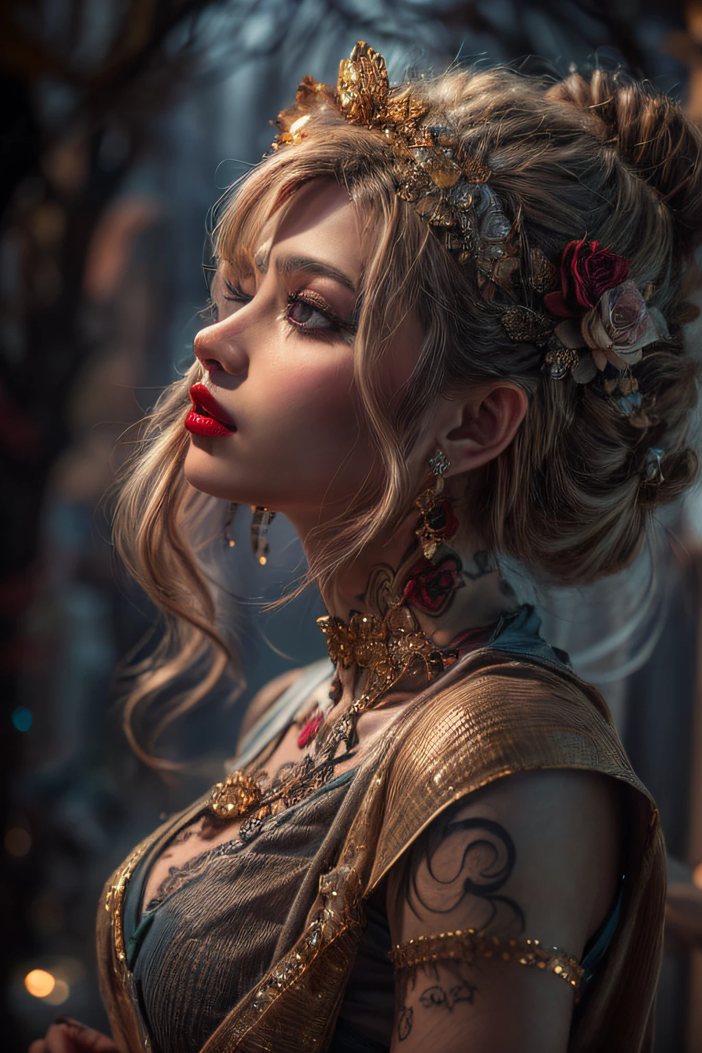 1 CHARACTER, 1 Indian GIRL with saree, dark night, kind person, ROSE ,dark design, (masterpiece, top quality, best quality, official art, beautiful and aesthetic:1.2), , extreme detailed,(fractal art:1.3), entangle ,colorful ,highest detailed,(A sexy woman in dress, A beautiful babe ,sex slave, ),(sex pose, erotic design , erotic face, erotic pose),(small , golden hair , big eyes, sexy eyes body covered with tattoo, red lips, sexy lips, sexy face, hand tattoo, leg tattoo, chest tattoo , sexy hip, beautiful hip, big hip,), (wearing sex slave accessory ,golden accessory, Slave bracelet, bracelet, , magical forest,(((masterpiece))), (((best quality))), ((ultra-detailed)),(highly detailed CG illustration) ((an extremely delicate and beautiful)),cinematic light, delicate hands