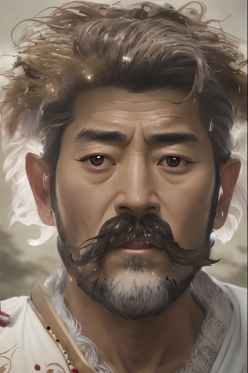 Alafed man in white robes with beard and mustache, Frontal portrait of a samurai, a portrait of a hyperdetailed, portrait shot 8 k, soft portrait shot 8 k, highly detailed vfx portrait of, 4K Portrait, 8K highly detailed face, color photo portrait 4k, close-up portrait shot, highly detailed vfx portrait, portrait of a samurai warrior