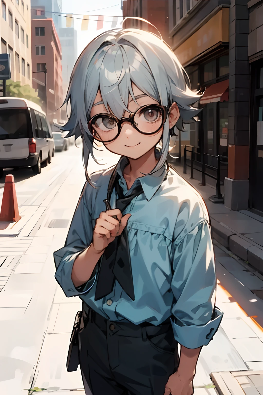 (morning), Male child, eye glasses，Soio, Look at the viewer,, Cowboy Shots, (down town),  A smile, silber hair