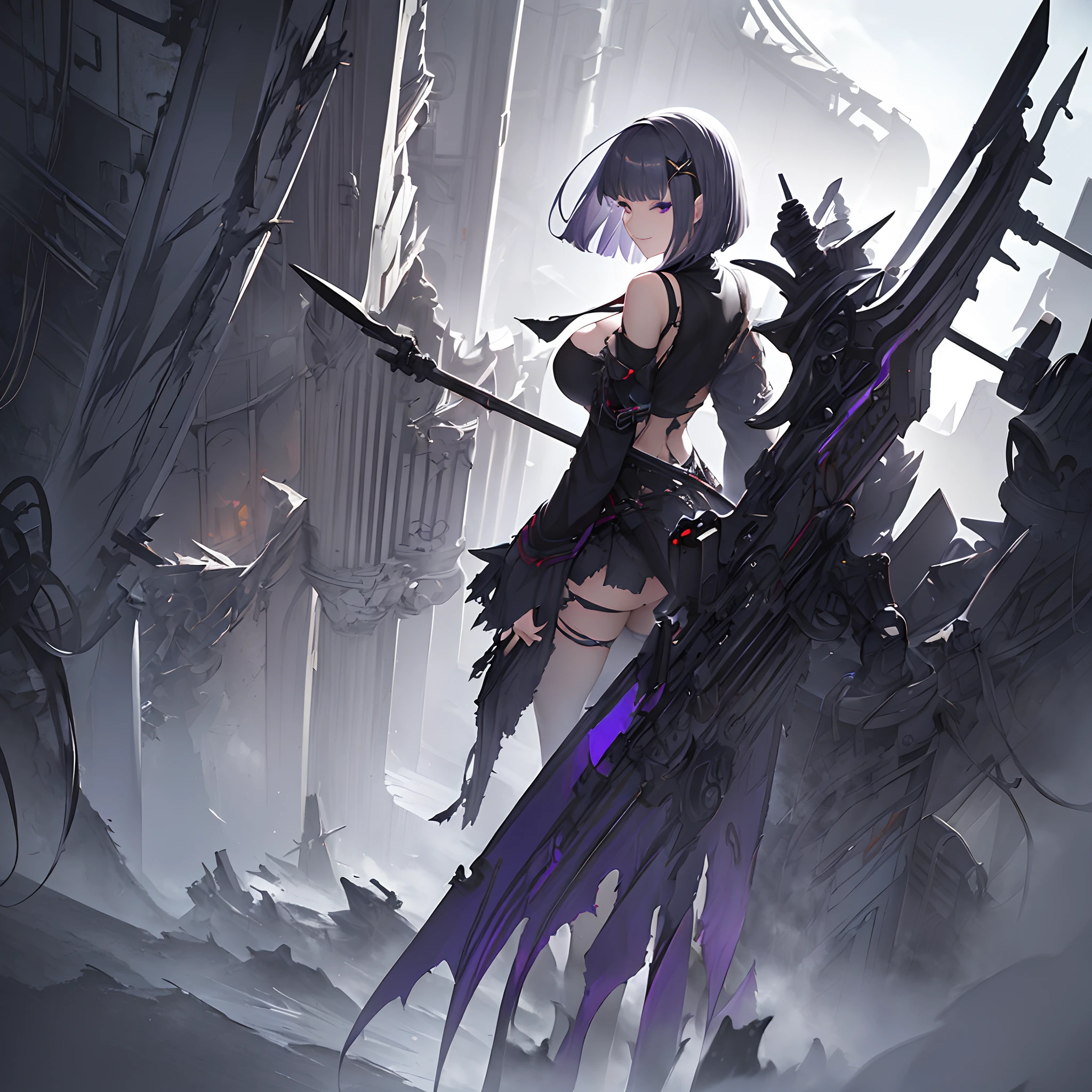 1girl, solo, gray hair, (black fringes), hair ornament, slim figure, torn knee_high_socks, violet eyes, short wild hair, medium breasts, evil smile, highly detailed uniform, (shoulder look, (back facing the Viewer)), ((fog)), (ashes), (wind magic)