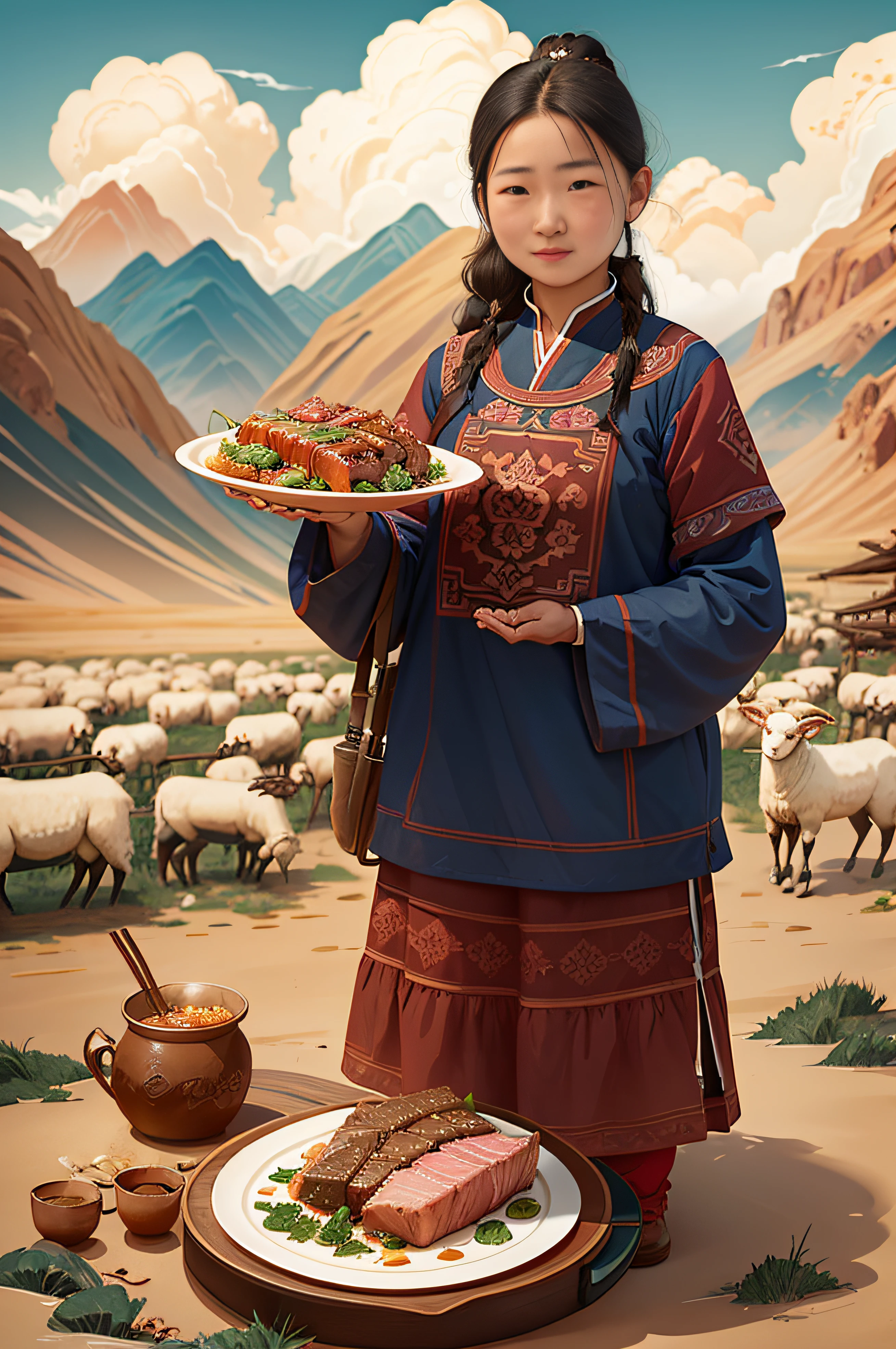Ein mongolisches Mädchen，Glücklich einen Teller Rindfleisch mit Soße tragen，Schaf，Herde，Soße，Grasfläche