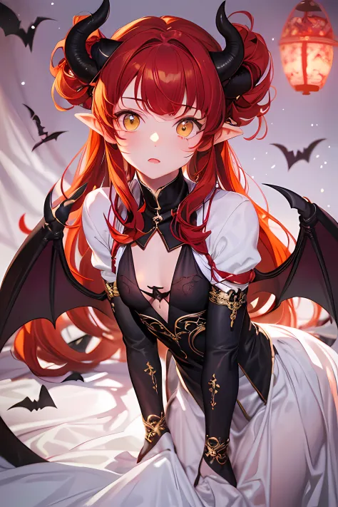 Masterpiece, Best quality, 1girll, Solo, Yellow eyes, Red hair, Small breast, Demon Girl, Demon tail, Demon wings, Small demon h...
