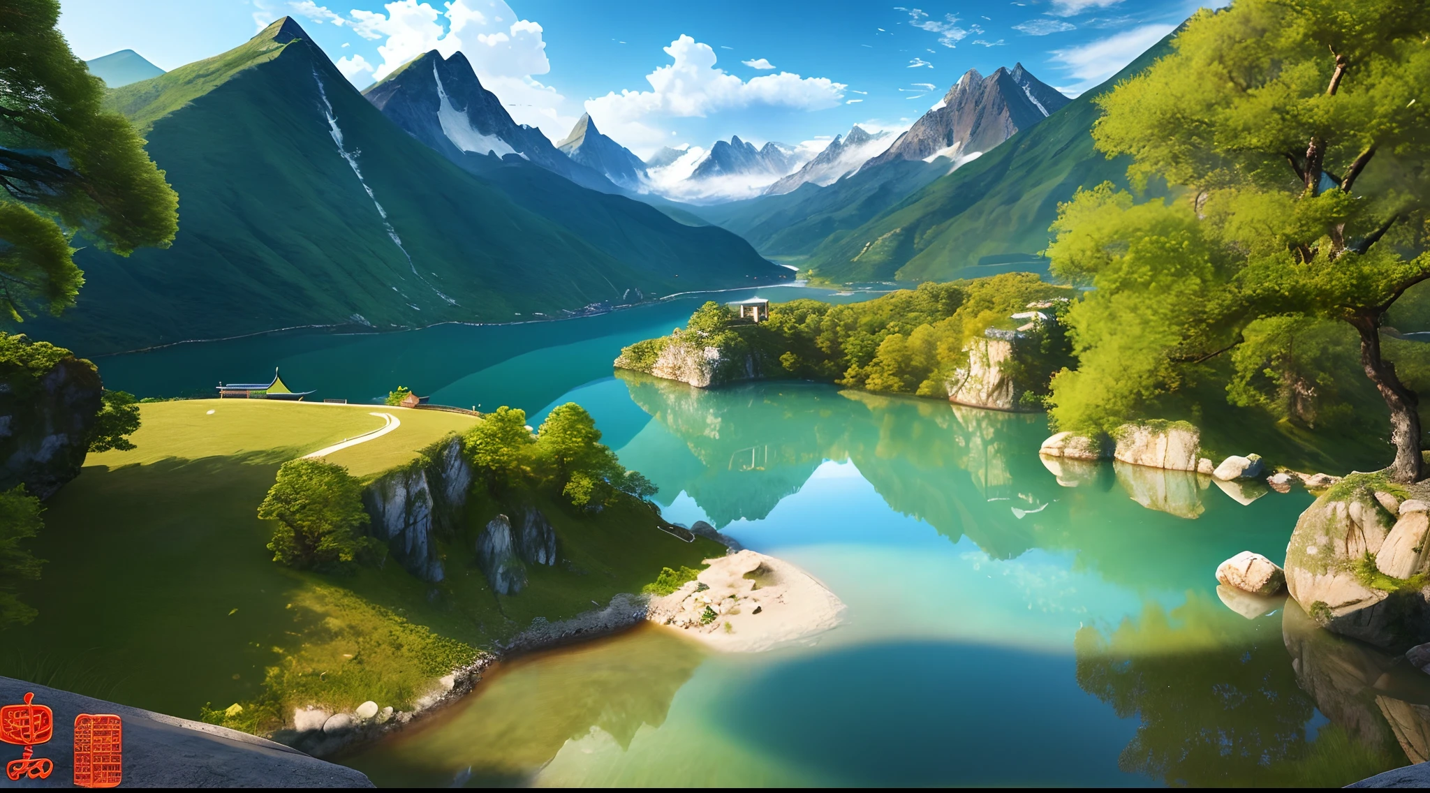 A beautiful Chinese mountain and lake, (masterpiece), (portrait), (raw photo), (highly detailed CG unity 8k wallpaper) intricate, sharp focus, dramatic, realistic art