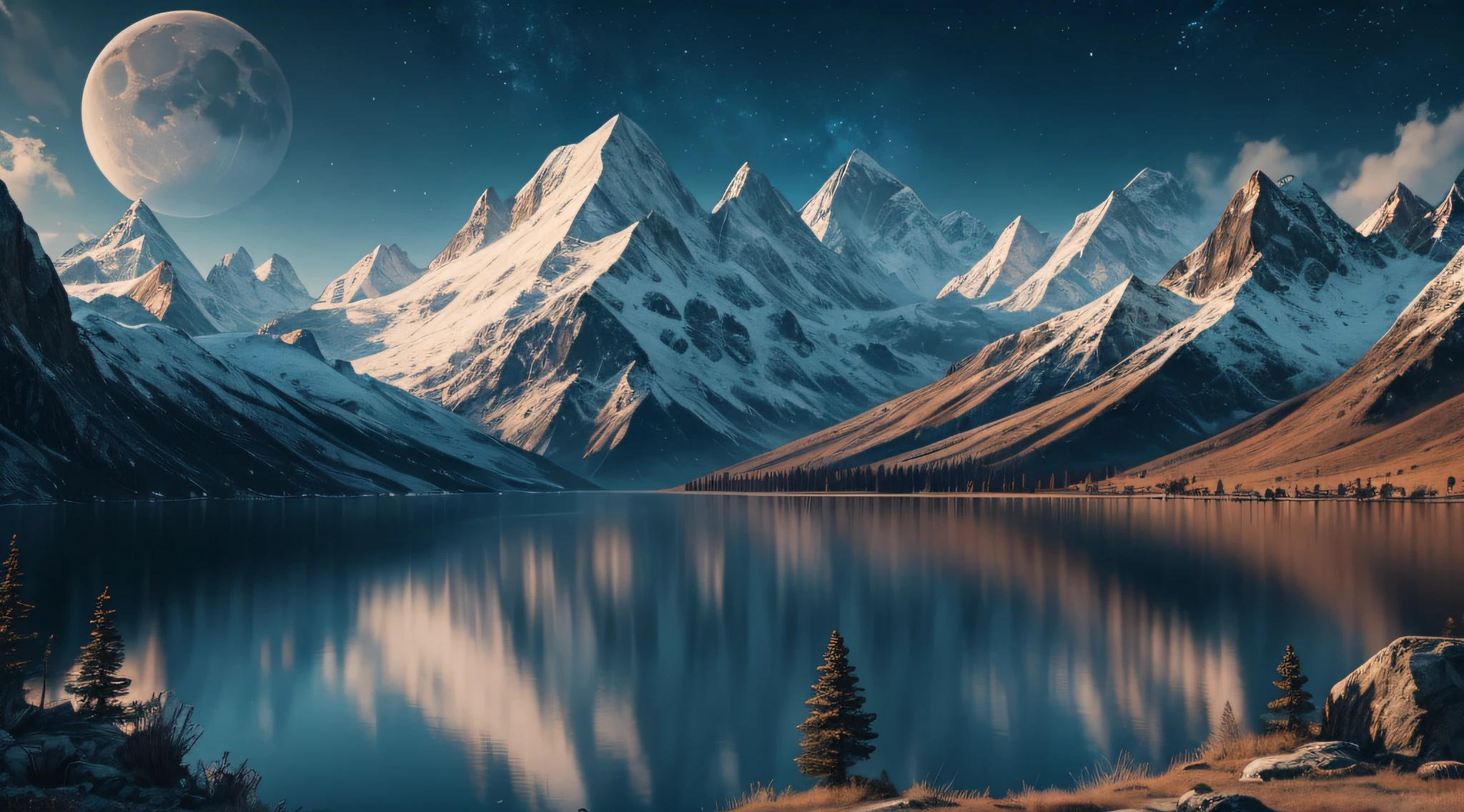 mountains and a lake with a moon in the sky, highly detailed 4k digital art, 4K HD wallpapers are very detailed, impressive fantasy landscape, Sci-fi fantasy wallpapers, unreal engine 4k wallpaper, 4k detailed digital art, Sci-fi fantasy wallpapers, Epic fairytale fantasy landscape, Matte 4K HD digital painting, Stunning 8k artwork