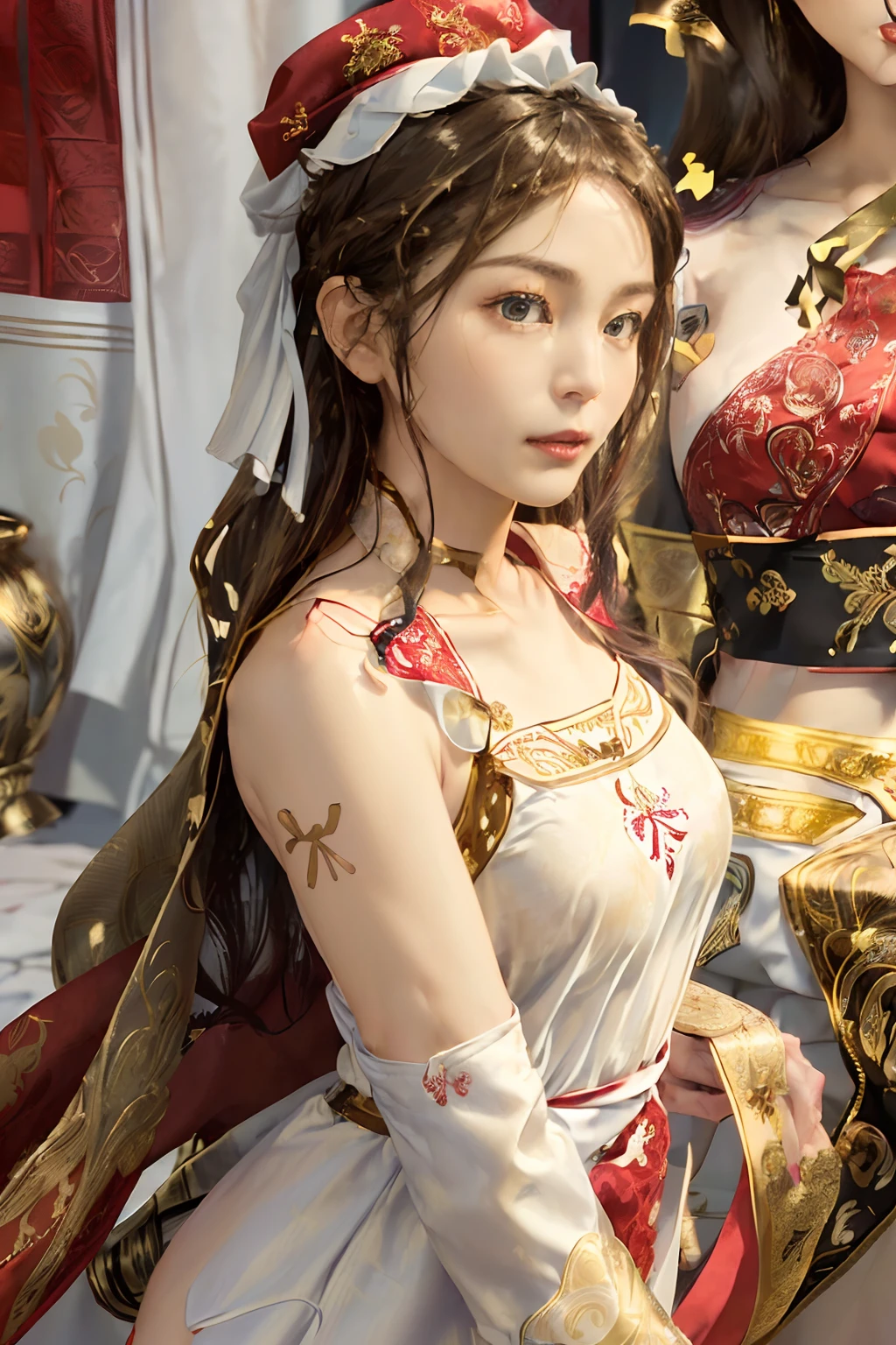 ((top-quality、8K、​masterpiece、Photorealistic:1.4、fine-textured、Beautiful and detailed:1.2)), (Long hair, Beautiful hairstyle:1.5), (gold foil, Intricately drawn paisley pattern, Delicate workmanship, (Red and white fabric:1.4), maid dress:1.5)、Clear, Fine-grained skin、Beautiful clear eyes、(cleavage of the breast)、Carefree and natural smile、(Hair disheveled in the wind:1.3)、Beautiful girl with a smile、(thin-waist:1.3)、(Dynamic and provocative poses:1.2)、(Backshots)、(NSFW:1.8)