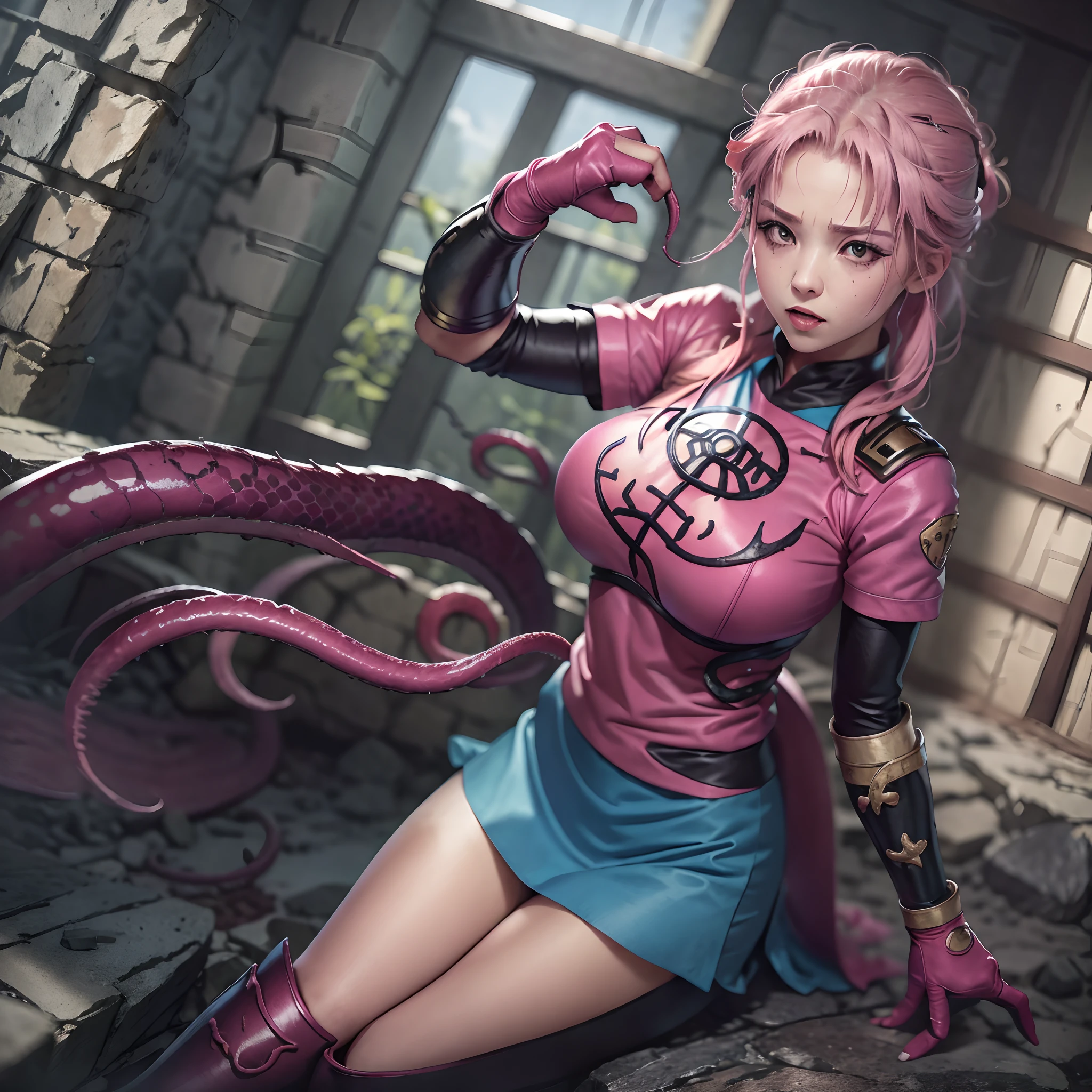 (masterpiece:1.1, Best Quality:1.1), hold fists, (Maam, Dragon quest), 1girl in, Solo, (ultra gigantic breasts:1.55, Pink hair, Fingerless gloves:1.15, Pink gloves:1.3, Pink Martial Arts Uniform:1.3, Exposed , long boots), (Fight with tentacle monsters:1.8, In a stone house:1.3),