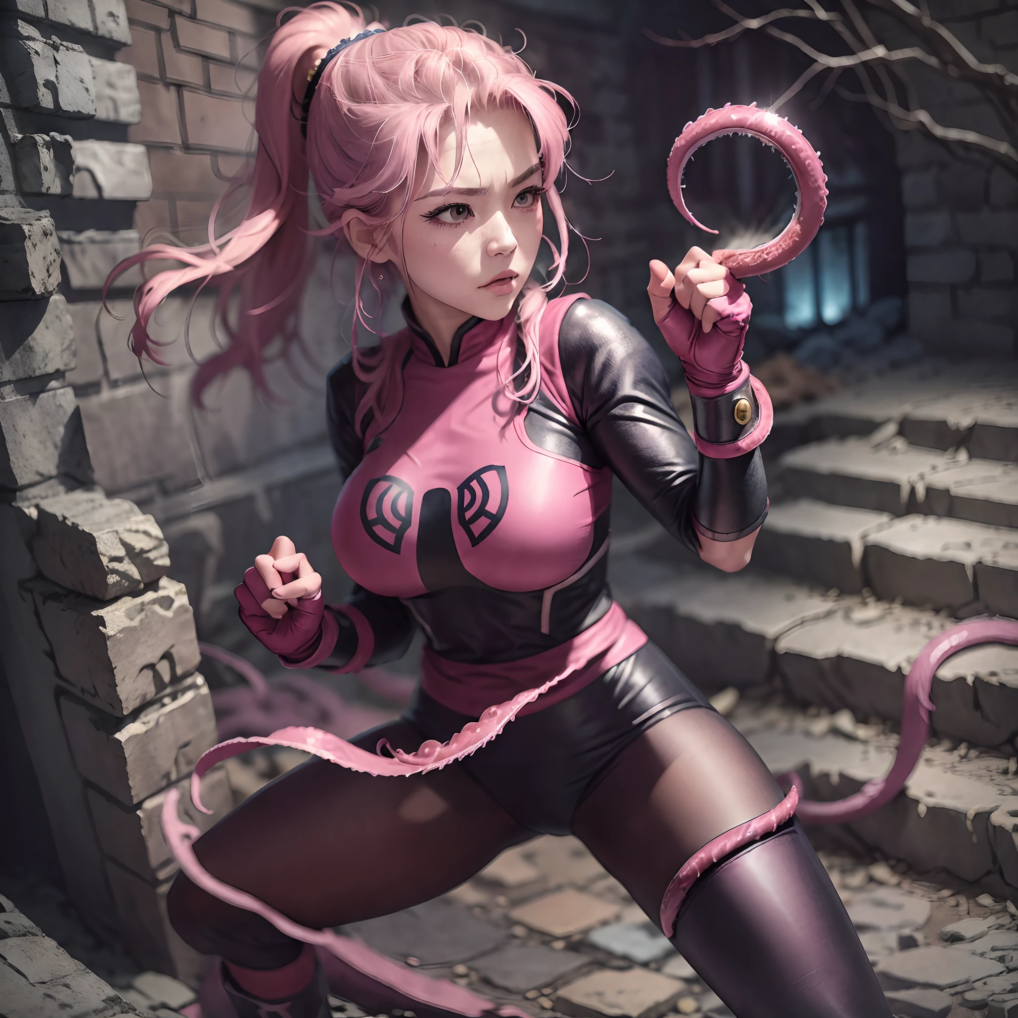 (masterpiece:1.1, Best Quality:1.1), hold fists, (Maam, Dragon quest), 1girl in, Solo, (ultra gigantic breasts:1.55, Pink hair, Fingerless gloves:1.15, Pink gloves:1.3, Pink Martial Arts Uniform:1.3, long boots), (Fight with tentacle monsters:1.8, kick pose, In a stone house:1.3),