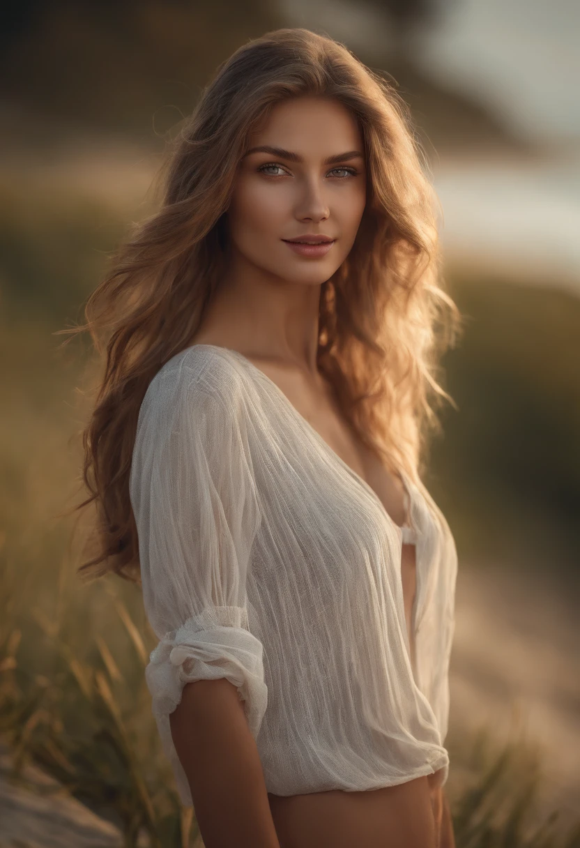 Cinematic soft lighting illuminates a stunningly detailed and ultra-realistic beautiful Ukrainian supermodel, 21 years old, beach look, long messy windy dark blonde hair, clear green eyes, captivating perfect smile, sensual, hot woman, gorgeous, that is trending on ArtStation. Octane is the perfect tool to capture the softest details of this 16k photography masterpiece.