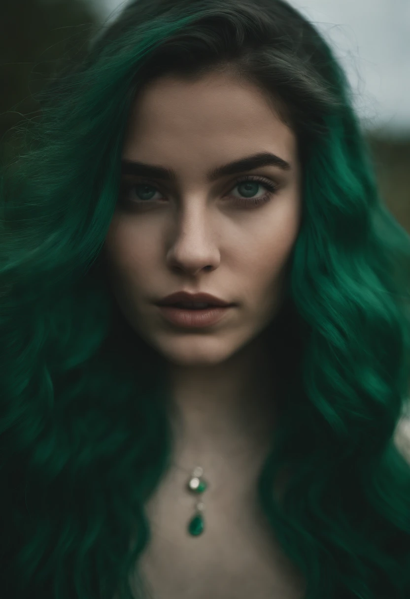 A close up of a woman with green hair and a necklace - SeaArt AI