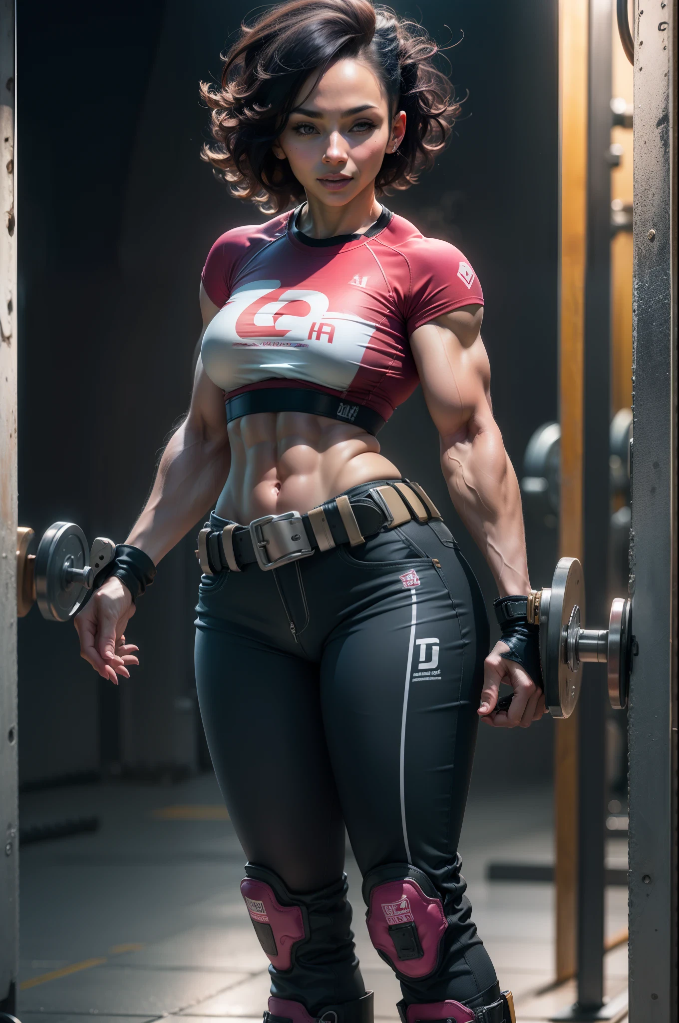 ((One Woman)), One Woman, masutepiece, of the highest quality, bikini of, central, Belt bag, Peach Boots, viewer, Face, Portrait, Glowing eyes, Black background, Raised breasts, Bare skin, facial expression of smile, Docking screen, Muscle Girl, training gym, T-shirt, JINS,