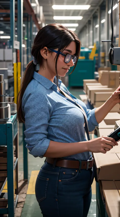 A woman working happily in a production line company, Super resolution AMD FidelityFX 3, efeitos brilhantes, textura extremament...