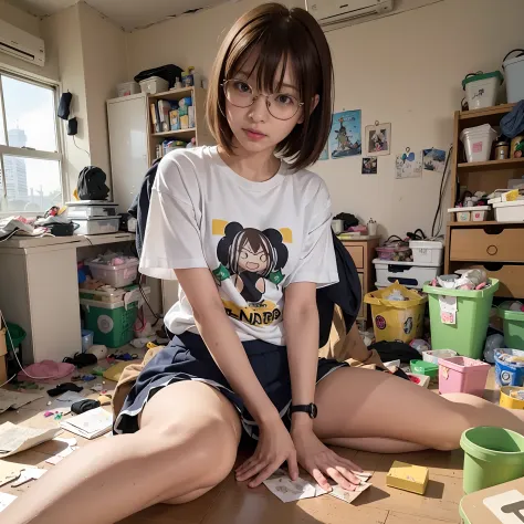 (8K、Raw photography、Top image quality、​masterpiece、:1.2)、(realisitic、Photorealsitic:1.37)、女の子1人、独奏、(Sitting on the garbage in an incredibly dirty room、Cute Japan girl operating smartphone:1.4)、Anime Otaku Girls、A dark-haired、short-hair、dishevled hair、Unkem...