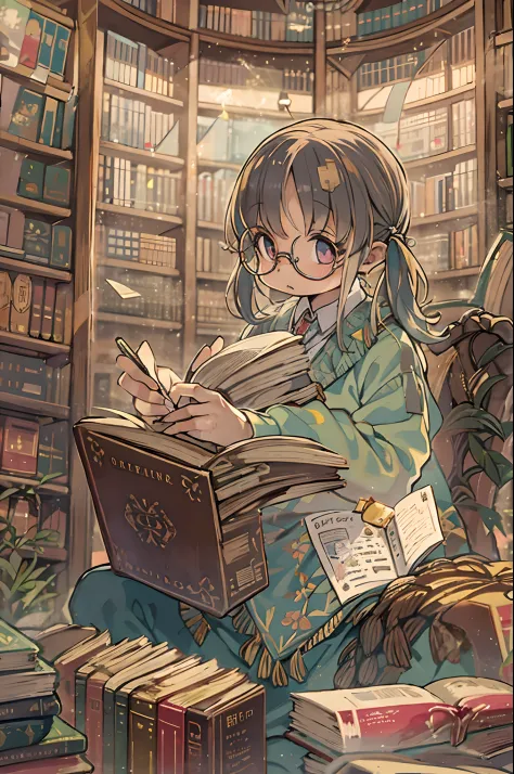 Huge library、1 librarian、One Woman、small round glasses、