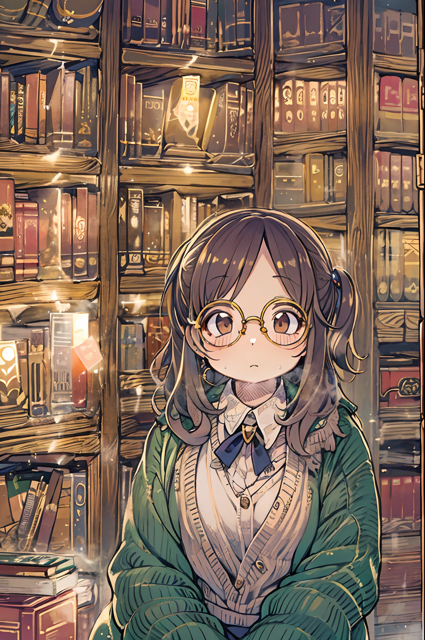 Riesige Bibliothek、1 Bibliothekar、Eine Frau、kleine runde Brille、