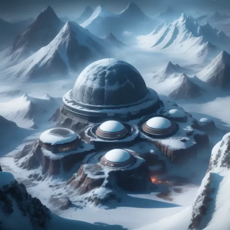 Alien Snow Mountain Base (Very detailed) In the midst of mountainous snow-capped mountains，There are several exhaust fans and ch...