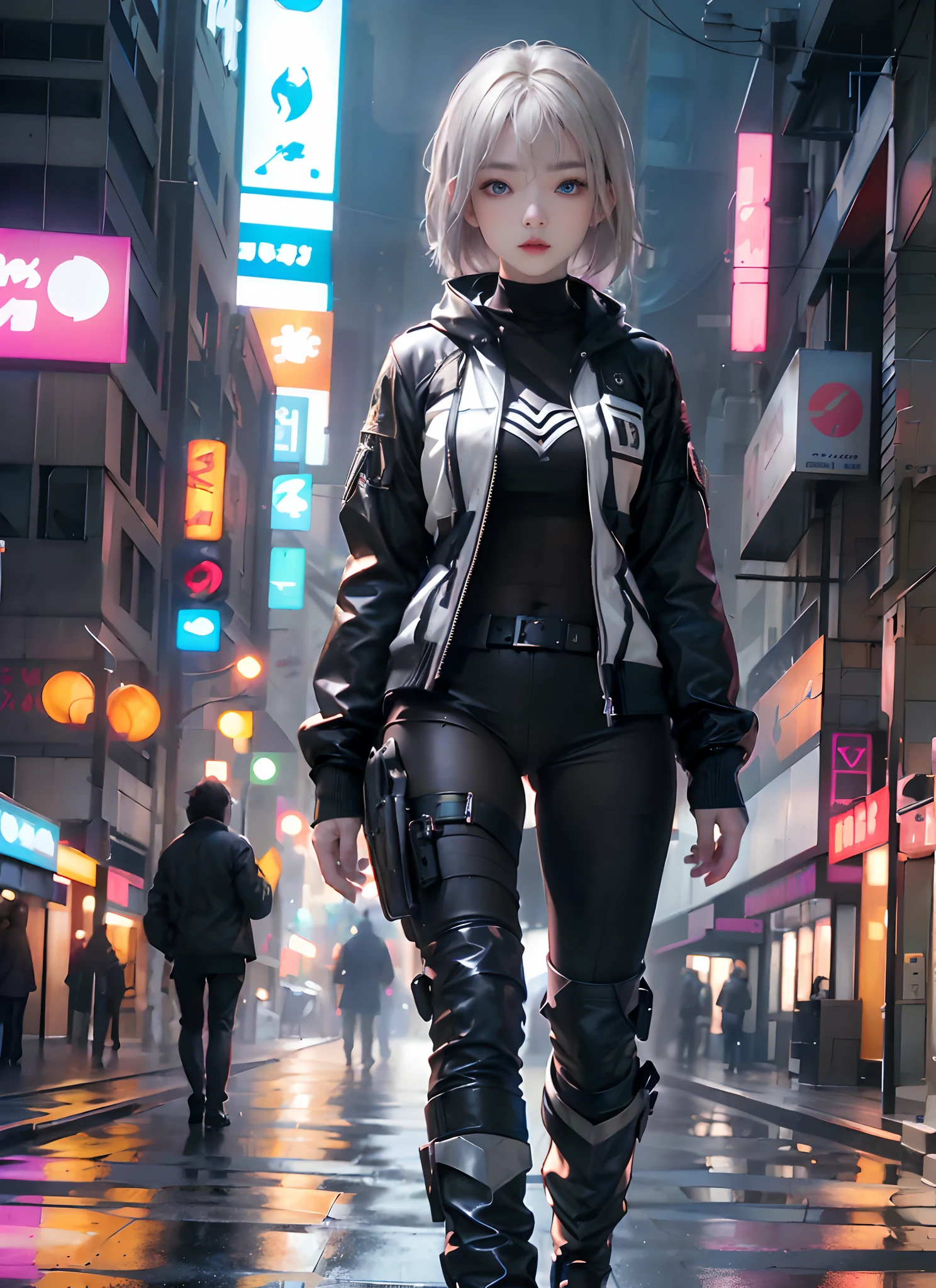 ((qualidade máxima)), (((obra-prima)), (detalhes: 1.4), 3D, bela imagem de mulher cyberpunk, cortes bob, Meias pretas quebradas, roupas de couro, Eletromecânico, nffsw(Dinâmica de alto alcance), Traçado de raio, NVIDIA RTX, Hiper-resolução, Irreal 5, dispersão subterrânea, Textura PBR, Postprocess, Filtragem de Anisotropia, profundidade de campos, Máxima Nitidez e Acutância, Textura Multicamadas, Albedo e mapas de destaque, Coloração de superfície, Simulação precisa de interações luz-material, perfeitamente proporções、renderizações de octanas、iluminação em dois tons、grande abertura、ISO baixo、Balanço de branco、regra dos terços、8K CRU、obra-prima、qualidade máxima、(Papel de parede de unidade CG extremamente detalhado de 8k)(qualidade máxima)、(As melhores ilustrações)、(Melhores sombras), olhos azuis inocentes, cabelo longo, maiô corporal, poni cabelo