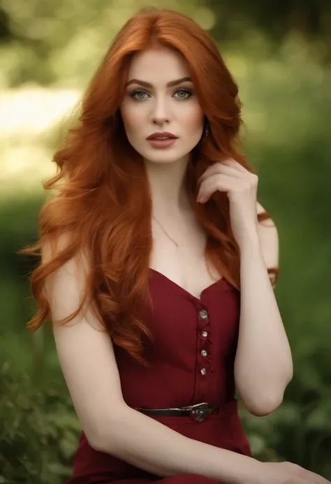 A woman with long red hair wearing a black dress - SeaArt AI