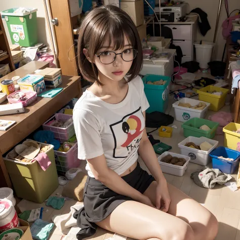 (8K、Raw photography、Top image quality、​masterpiece、:1.2)、(realisitic、Photorealsitic:1.37)、女の子1人、独奏、(Sitting on the garbage in an incredibly dirty room、Cute Japan girl operating smartphone:1.4)、Anime Otaku Girls、A dark-haired、short-hair、dishevled hair、Unkem...