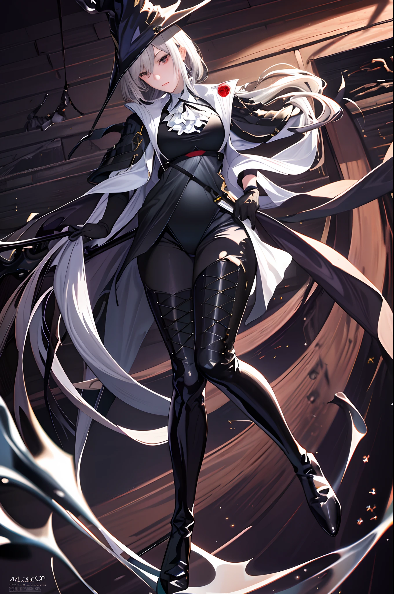 masterpiece, (bestquality), highlydetailed, ultra-detailed, dark, solo, (1girl), black headwear, boots, breasts, gloves, hat, holding, holding weapon, long hair, looking at viewer, sword, thigh boots, thighhighs, weapon, witch hat