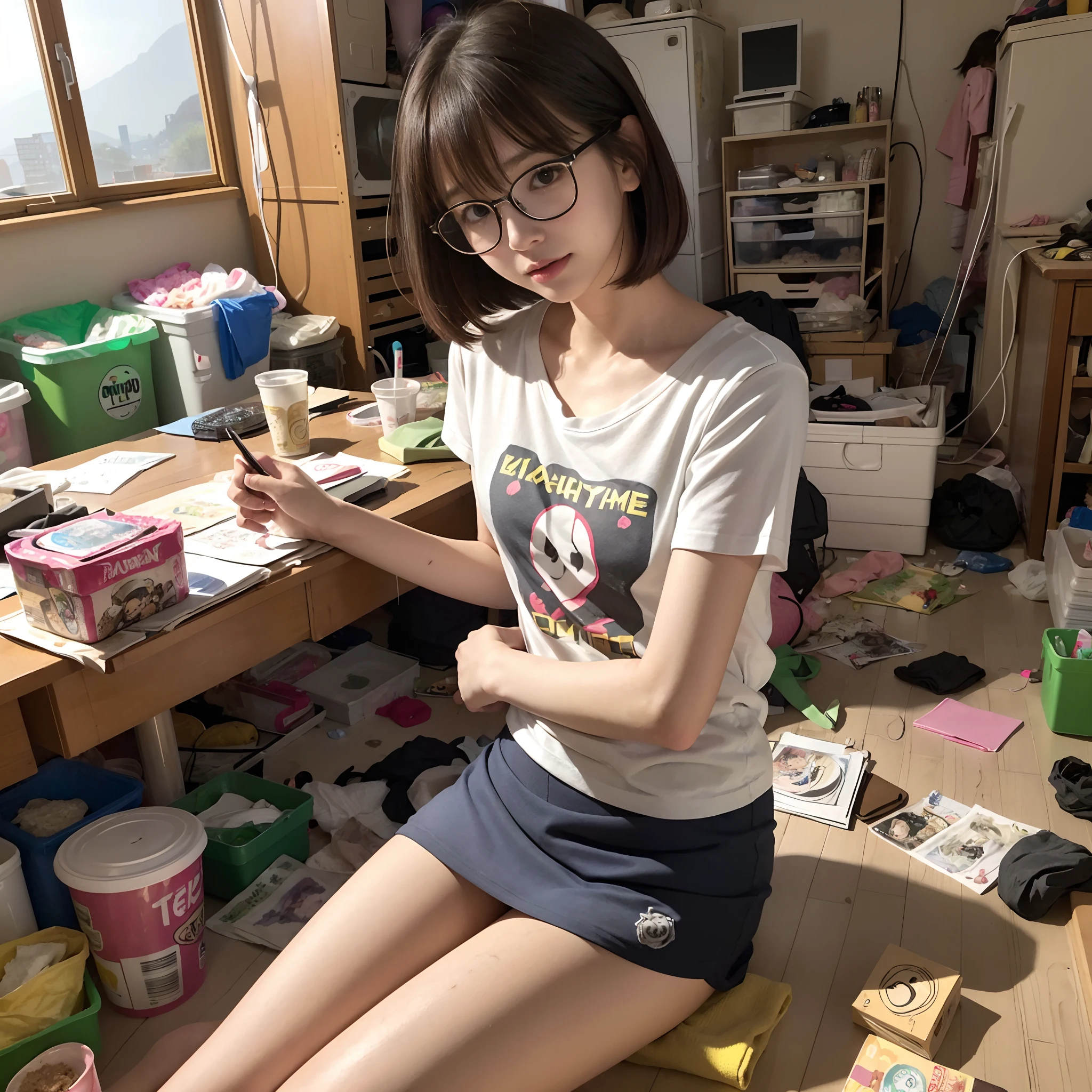 (8K、Raw photography、Top image quality、​masterpiece、:1.2)、(realisitic、Photorealsitic:1.37)、女の子1人、独奏、(Sitting on the garbage in an incredibly dirty room、Cute Japan girl operating smartphone:1.4)、Anime Otaku Girls、A dark-haired、short-hair、dishevled hair、Unkempt hair、bangss、Happy expression on face、Small bust、Wearing glasses、Anime Character Print T-Shirt、a miniskirt、head phone、Sitting on the floor、Agra、Room full of garbage、Garbage with rolled tissue、Surrounded by mountains of cartoons、Lots of anime character figures are on display.、Anime poster on the wall、Potato chips on the desk、Spilled potato chips、Roll Energy Drink、Scattering of food waste、Messy room、Underwear left undressed on the floor、超A high resolution、physically-based renderingt、cinematlic lighting、dynamic ungle