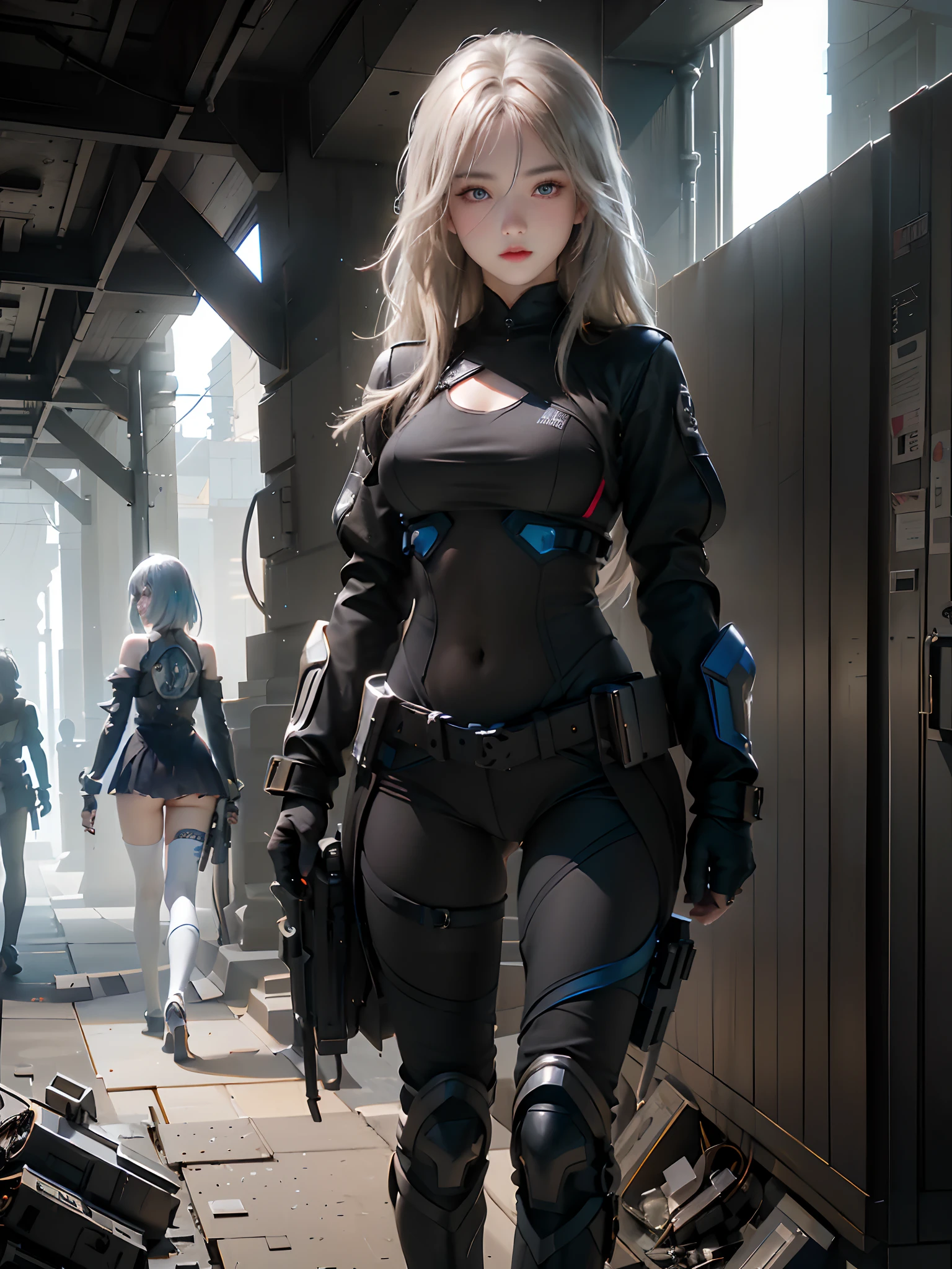 ((top-quality)), (((​masterpiece)), (detaileds: 1.4), 3D, Beautiful Cyberpunk Woman Image, bob cuts, Broken black tights, leather clothes, Electromechanical, nffsw(HighDynamicRange), Ray traching, NVIDIA RTX, Hyper-Resolution, Unreal 5, Sub-surface scattering, PBR Texture, Postprocess, Anisotropy Filtering, depth of fields, Maximum sharpness and acutance, Multilayer Texture, Albedo and Highlight Maps, Surface Coloring, Accurate simulation of light-material interactions, perfectly proportions、octane renderings、two tone lighting、Large aperture、Low ISO、White Balance、thirds rule、8K Raw、​masterpiece、top-quality、(8k extremely detailed CG unit wallpaper)(top-quality)、(The best illustrations)、(Best Shadows), innocent blue eyes, long hair, body swimsuit, poni hair