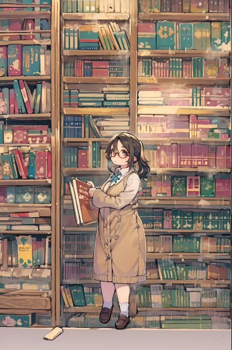 Huge library、1 librarian、One Woman、small round glasses、bbw