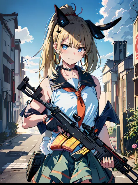 ((Assault Rifle QBZ))、((Hold Gun))、((Has M4))、((Rabbit ears))、((Japan schoolgirl))、(Sleeveless)、((Blonde double ponytail))、Red r...