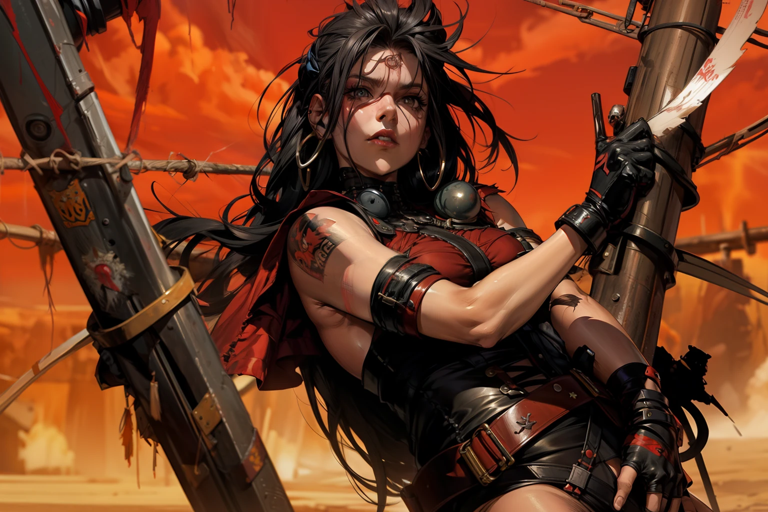 Post-apocalyptic female warrior (Ohwx woman) in Simon Bisley style for the cover of Heavy Metal magazine, wearing teared red shirt and black fishnets, with some barbed wires around her left leg thigh, scantily clad, art by Simon Bisley