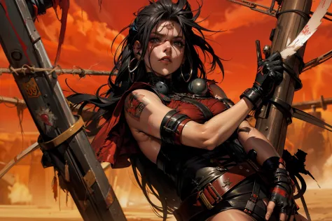 Post-apocalyptic female warrior (Ohwx woman) in Simon Bisley style for the cover of Heavy Metal magazine, wearing teared red shi...