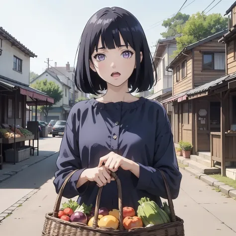 a middle-aged aunt in a blue shirt with short dark blue hair standing in front of a small town market with a vegetable basket in...