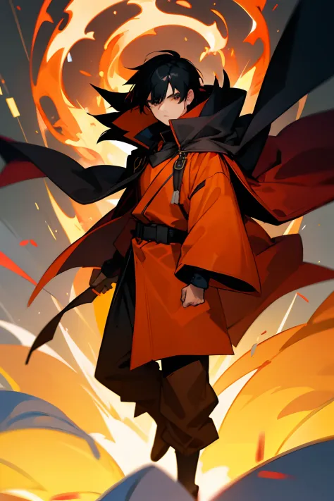 man, student, 18 year old, black hair, wear cloak, fire element, wear uniform