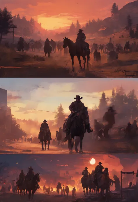 (red dead redemption 2 style,1899 year, 6 outlaws riding horses,gang,art poster,saint Denis city from RDR2 game ，six outlaws.six guys，)

(best quality,4k,8k,highres,masterpiece:1.2),ultra-detailed,(realistic,photorealistic,photo-realistic:1.37),HDR,UHD,stu...