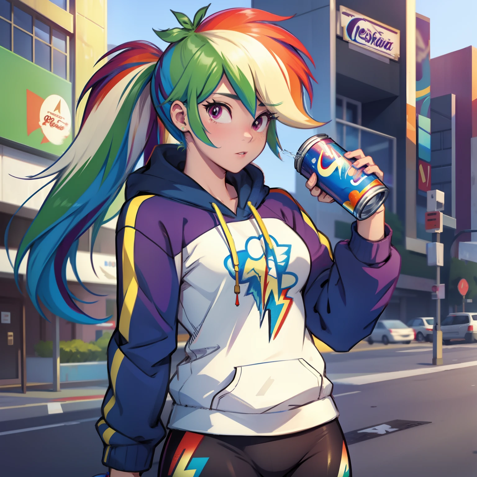 best quality, high quality, a cute girl, solo, rainbow dash, hoodie, yoga pants, drinking, drinking a can, drinking pepsi