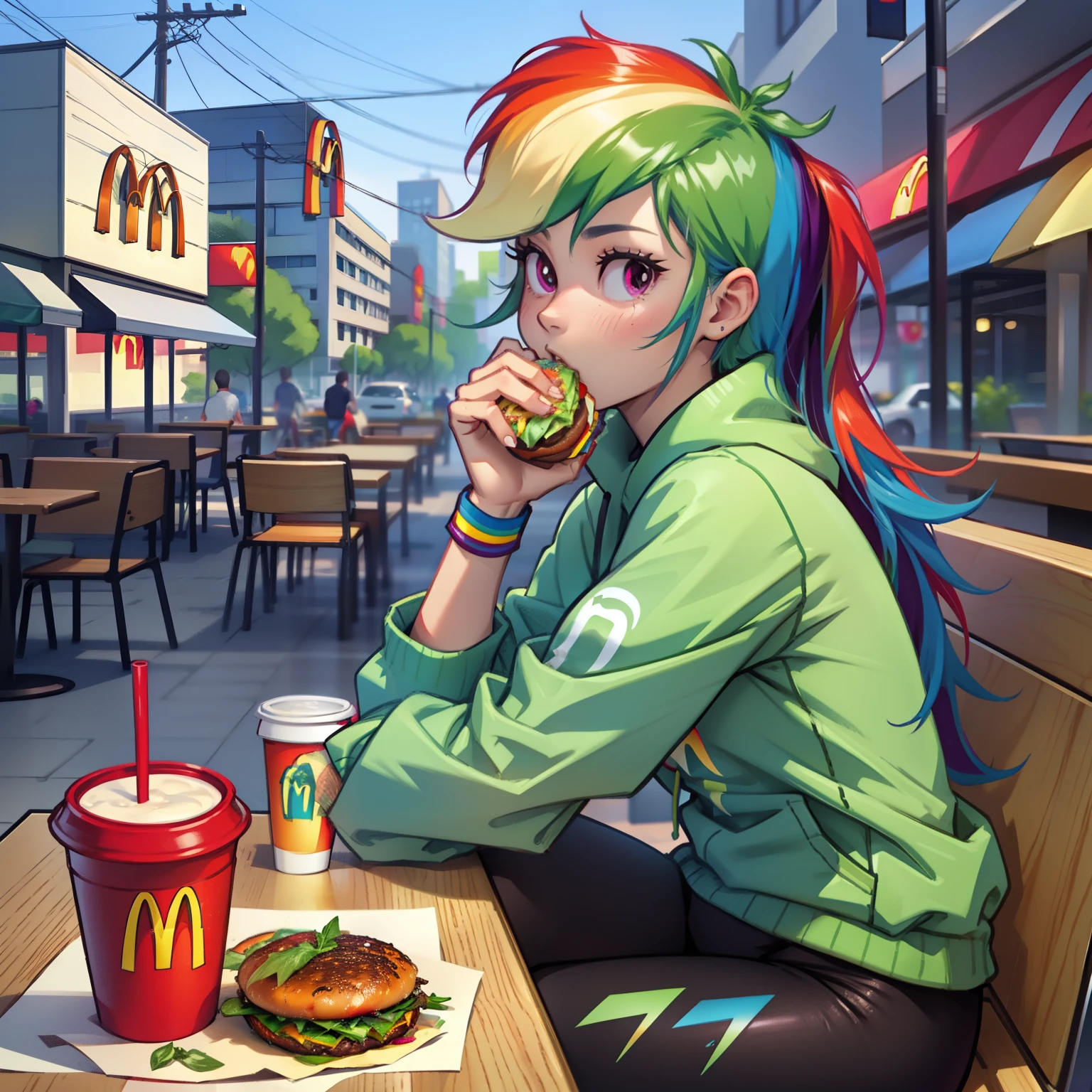 best quality, high quality, a cute girl, solo, rainbow dash, jacket, tshirt, yoga pants, eating burger, McDonald's , McDonald's building, McDonald's restaurant, sitting at table, table, sitting