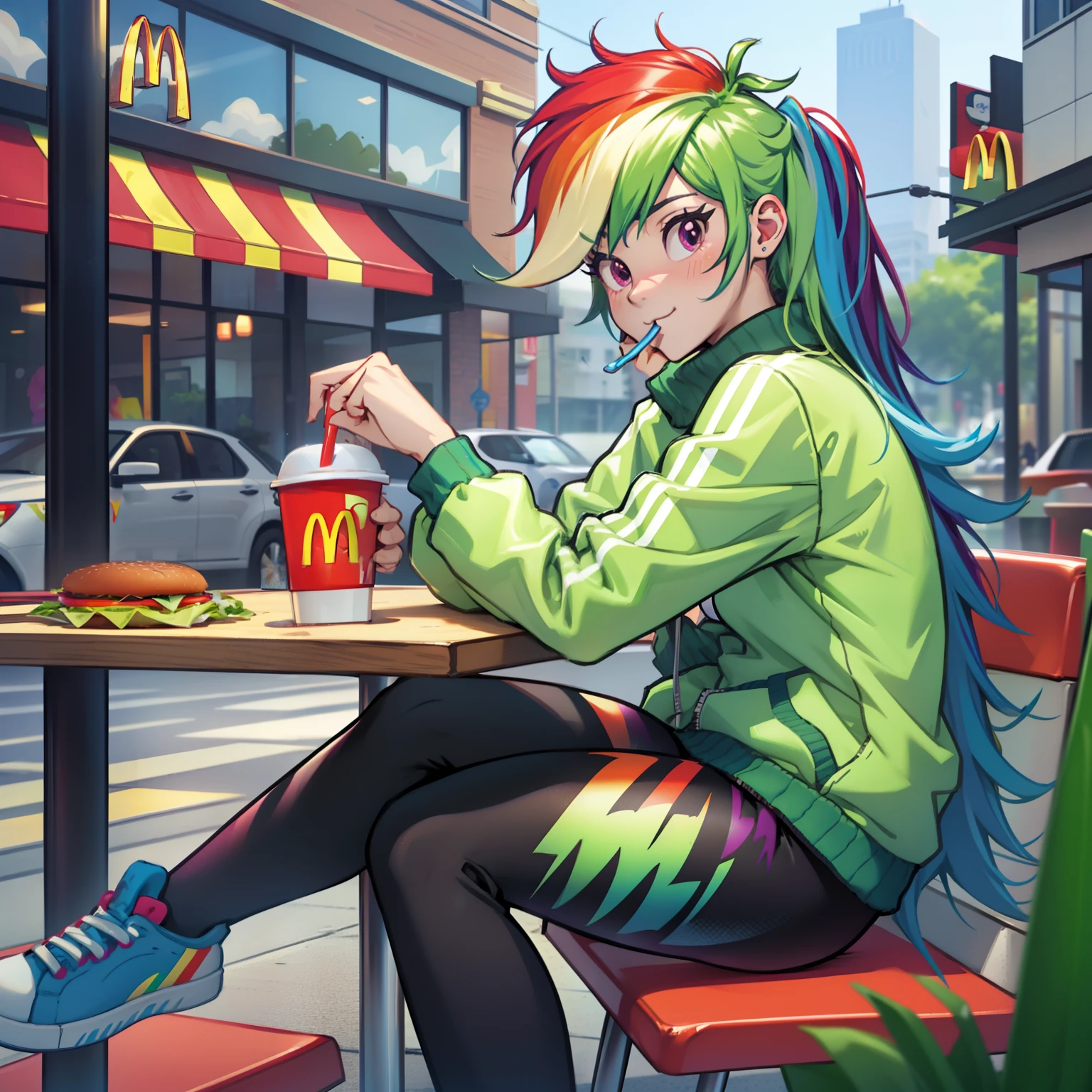 best quality, high quality, a cute girl, solo, rainbow dash, jacket, tshirt, yoga pants, eating burger, McDonald's , McDonald's building, McDonald's restaurant, sitting at table, table, sitting