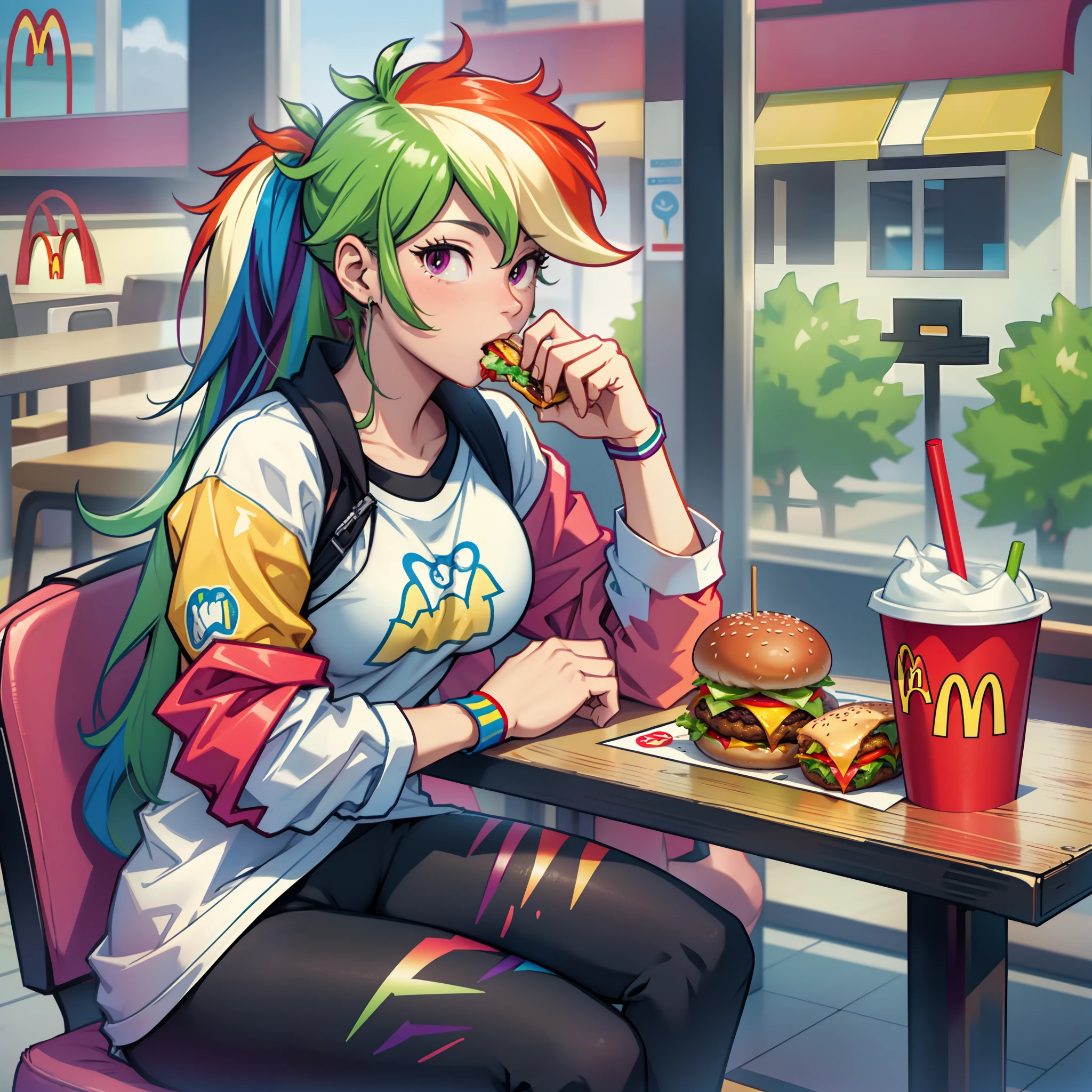 best quality, high quality, a cute girl, solo, rainbow dash, jacket, tshirt, yoga pants, eating burger, McDonald's , McDonald's building, McDonald's restaurant, sitting at table, table, sitting