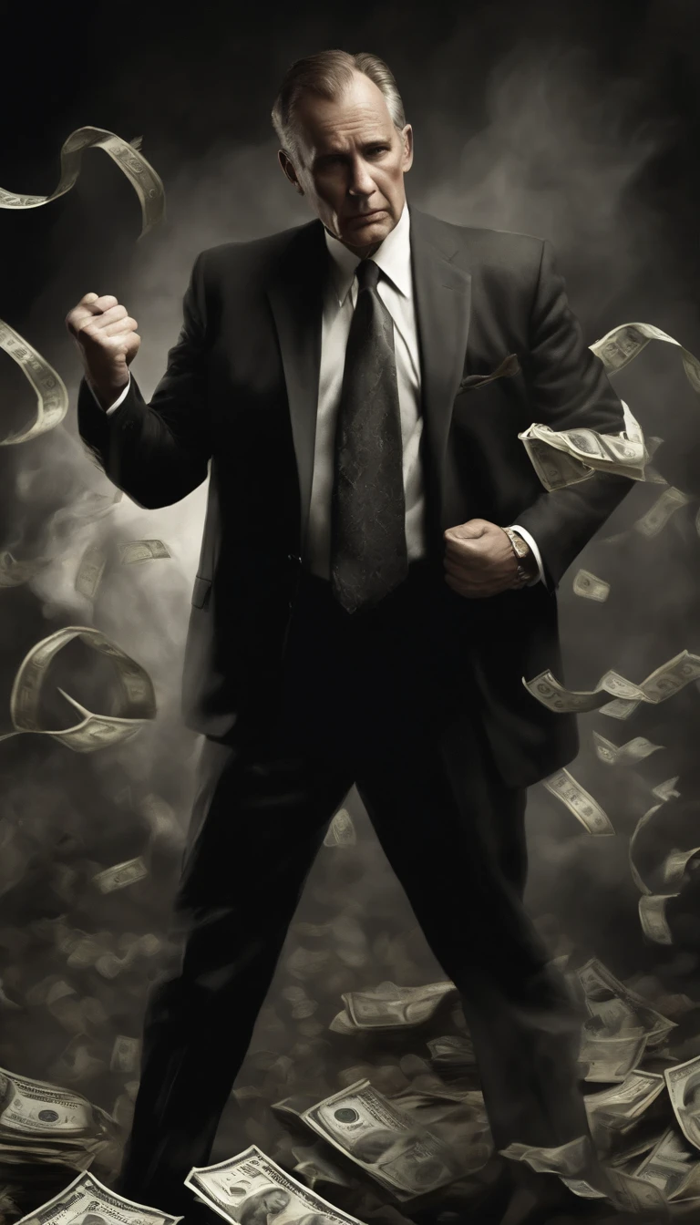 Man fighting money, Oil Painting, Harsh brush strokes, Dramatic Lighting, intense expression, Determined eyes, hold fists, sweat dripping down his face, Wrinkled suit, broken chains, Crumbling dollar bills, Crumbling Stock Market Graph, Smoke rises in the background, Black and white with a touch of gold, Realism. (Best Quality, hight resolution, Ultra-detailed), (Realistic:1.37), Professional, Vivid colors.