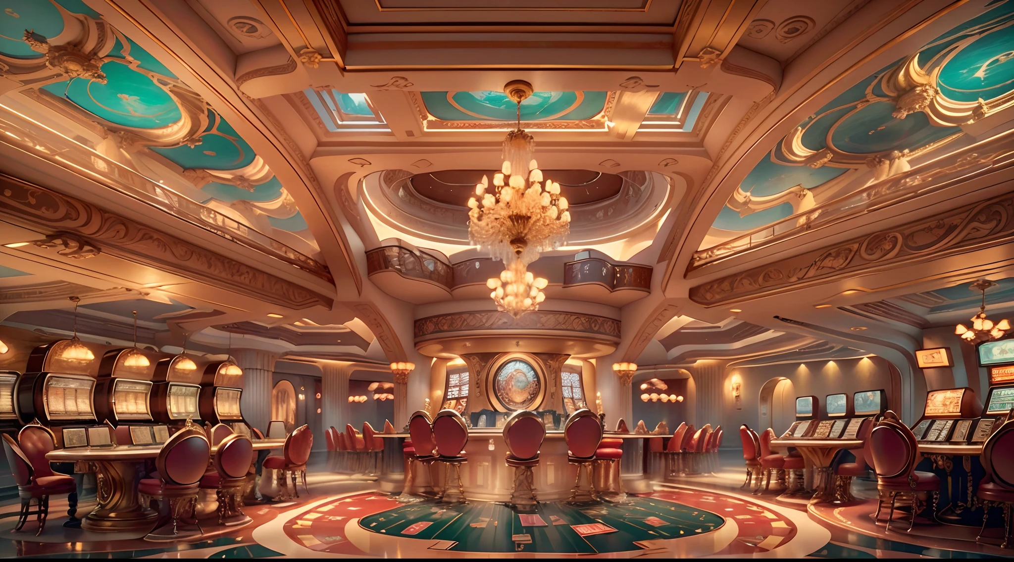 (Best quality,4K,8K,A high resolution,Masterpiece:1.2),Ultra-detailed,Realistic,Photorealistic:1.37,Large gambling casinos，The lights are shining,Richly decorated,Shiny chandelier,Luxurious marble floors,Spacious gaming tables，Comes with a detailed deck of cards, Professional poker chips, and elegant roulette roulette,Towering slot machines，Color screen and flashing lights,Charming live music performed by a jazz band,Fine glassware and champagne bottles in the VIP lounge area,Impressive ceiling frescoes depict scenes of victory and fortune,Gravity-defying architecture and stunning glass facades, Magnificent aerial view of the entire casino complex at night,Dynamic interaction of shadows and light, Create captivating visual spectacle,Impeccable tailoring and glamorous clothing complement the refined atmosphere,Natural sunlight streams through the large windows,Illuminate the scene with a warm and inviting light.