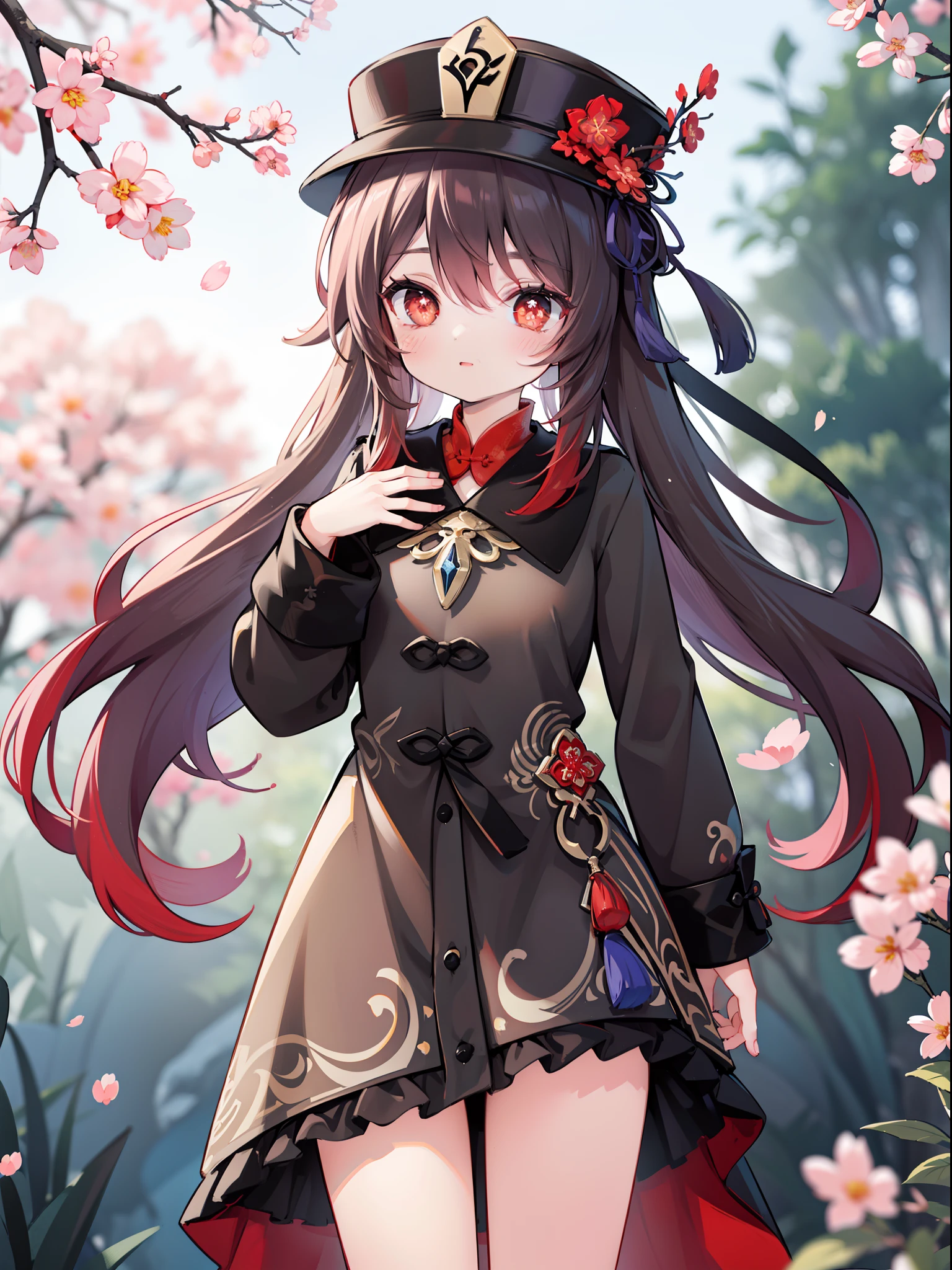 2d, masterpiece, best quality, anime, highly detailed eyes, highly detailed face, highly detailed background, perfect lighting, cowboy shot, feet out of frame, 1girl, solo, standing, hu tao \(genshin impact\), symbol-shaped pupils, flower-shaped pupils, hat, red flower, red eyes, cherry blossoms ,