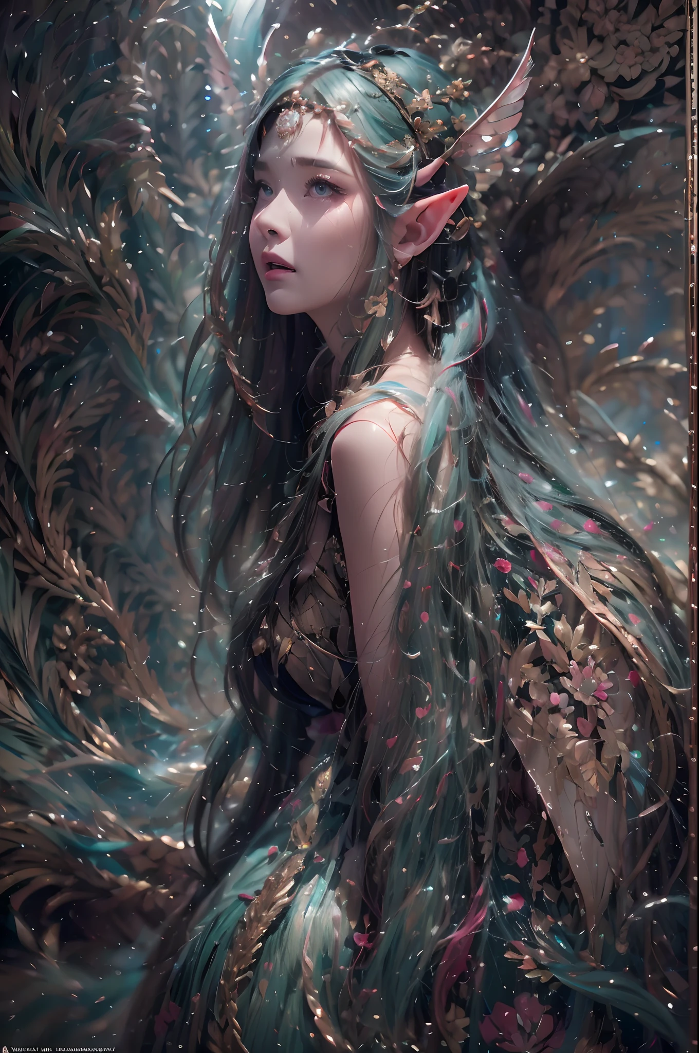 ( Absurd, High quality, Ultra-detailed, Masterpiece, concept-art, smooth, high detail artwork, Hyper-realistic painting ) , elf, Plum elf, plum , Transparent fairy wings, huge tit，low chest，fairytale-like, Romantic, Vivid, Whole body,hand behind back，Malu，In nature with waterfalls，PureErosFace_V1，Urzang-6500-V1 version.1，